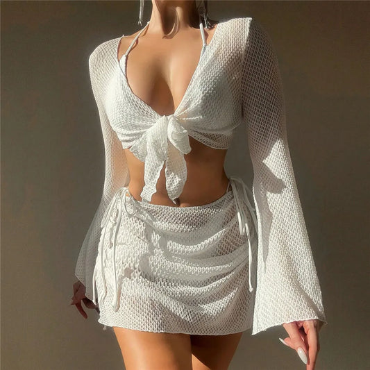 Solid White Mesh Cover Up 4 Piece Bikinis Set Swimwear Sexy Swimsuit Women Bather Halter String Triangle Micro Bikini Thong 2025