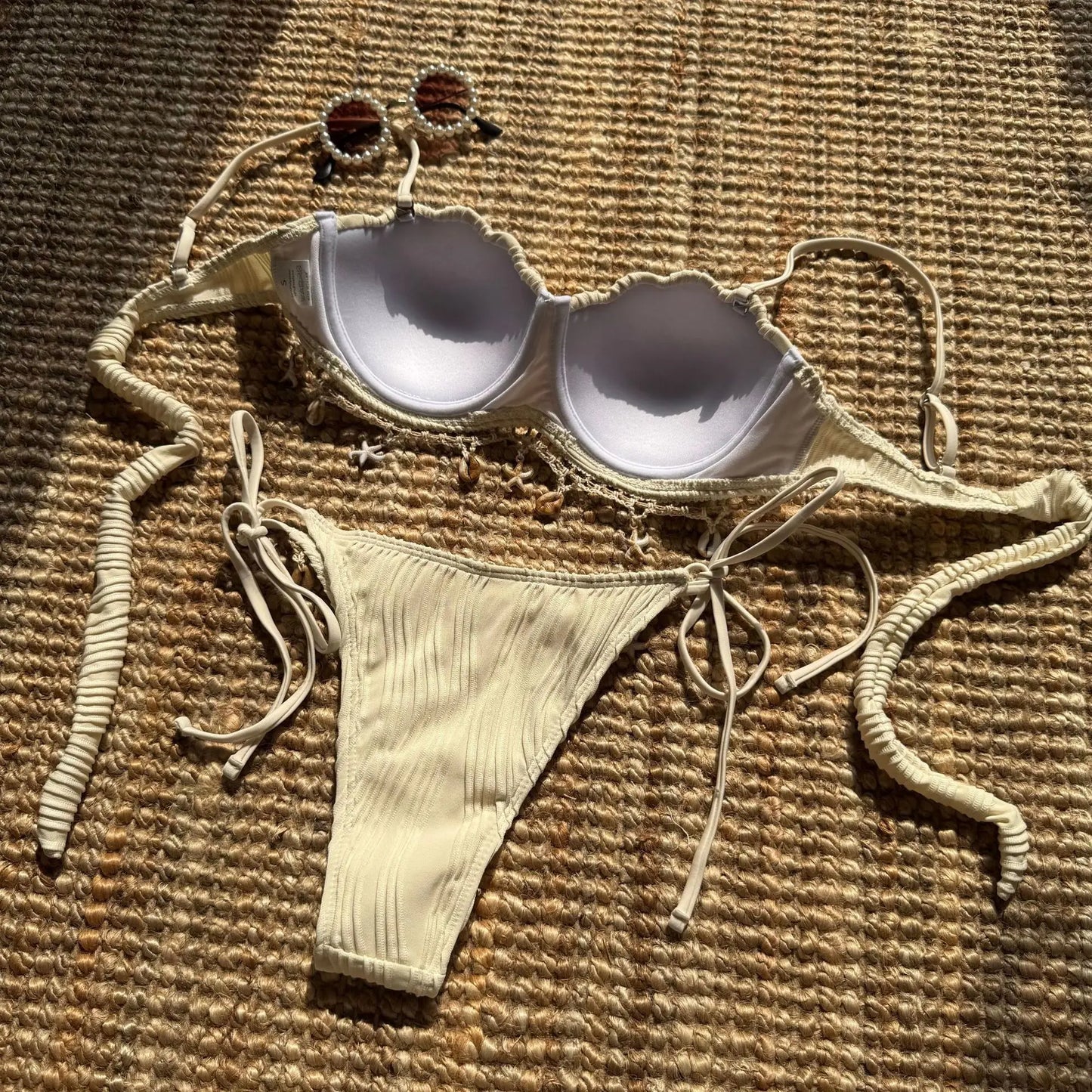 Sexy Shell Starfish Ornament Bikinis Sets Women White Ruffles Push Up Underwire Thong Swimsuit 2025 Beach Bathing Suit Swimwear