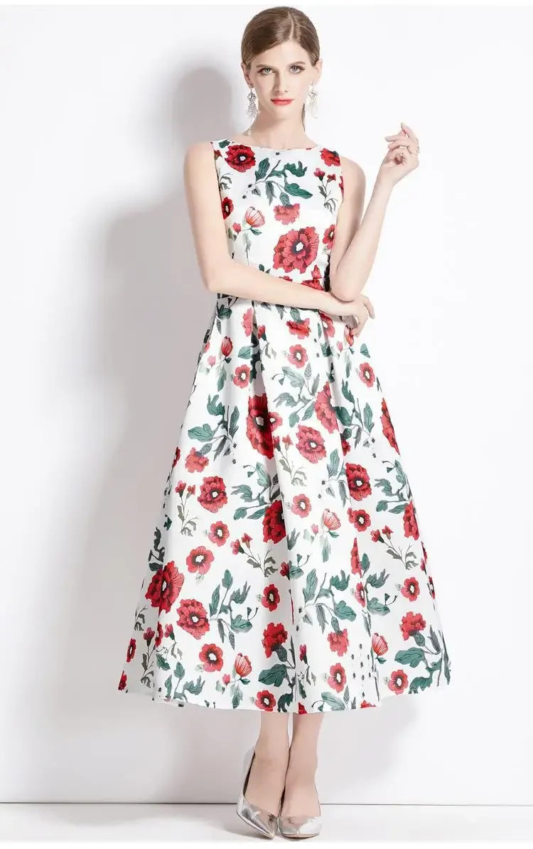 Summer New Long Floral Print Dress Big Hemline Slimming Fashionable Umbrella Skirt Style Sleeveless Women's Dress
