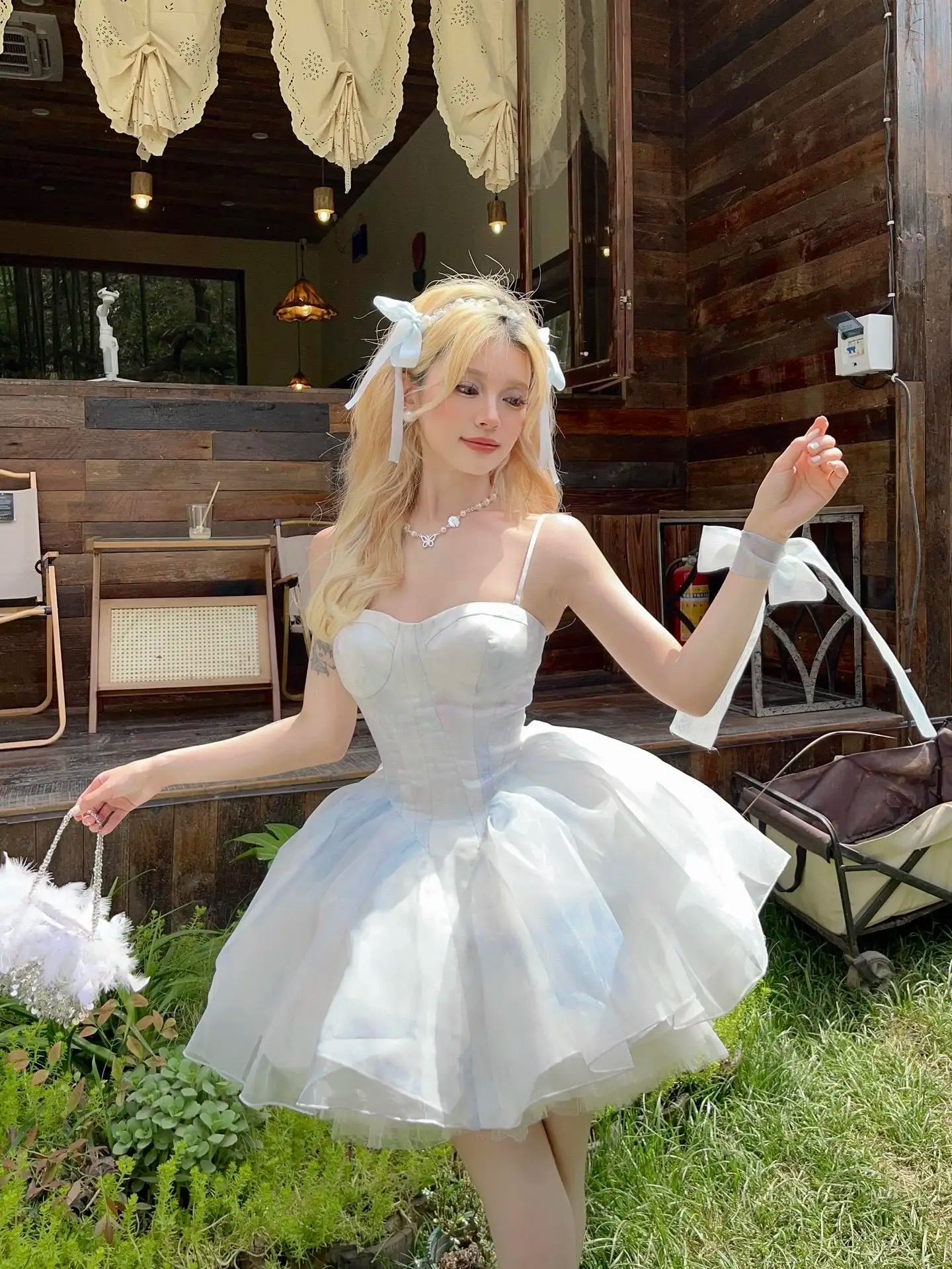 French Style Flower Wedding Dress Lolita Sweet Girl Women Fairy Tube Top Sling Dress with Long Cardigan Birthday Princess Dress