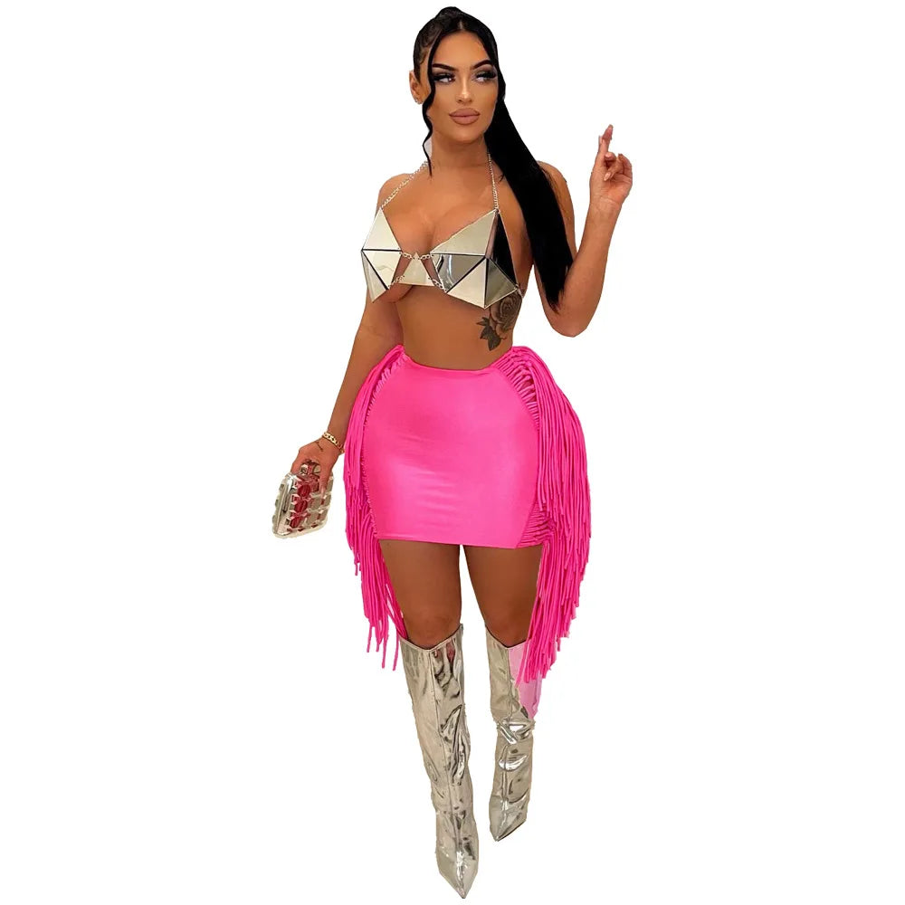 Sexy Wrap Women Mini Skirts Solid Bodycon Streetwear Skirts 2022 Summer Chic Hollow Out Tassel Y2K Style Bottom Outfits