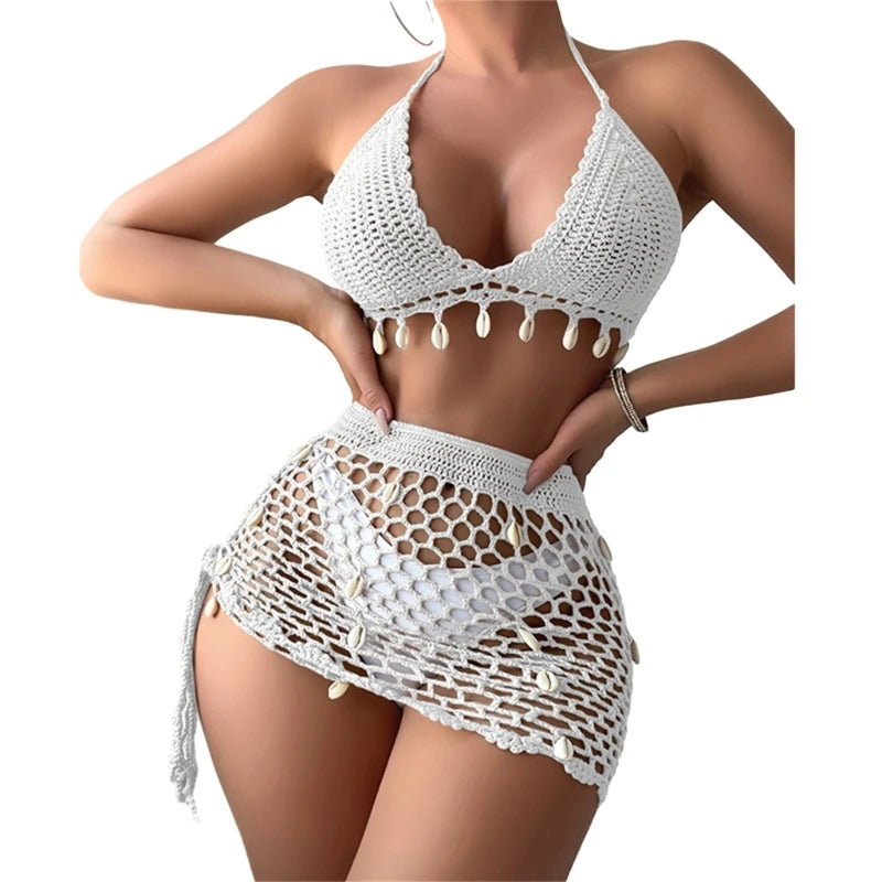 Women's 2 Piece Crochet Swimsuit Halter Bikinis Top and Cover Up Beach Skirt Set