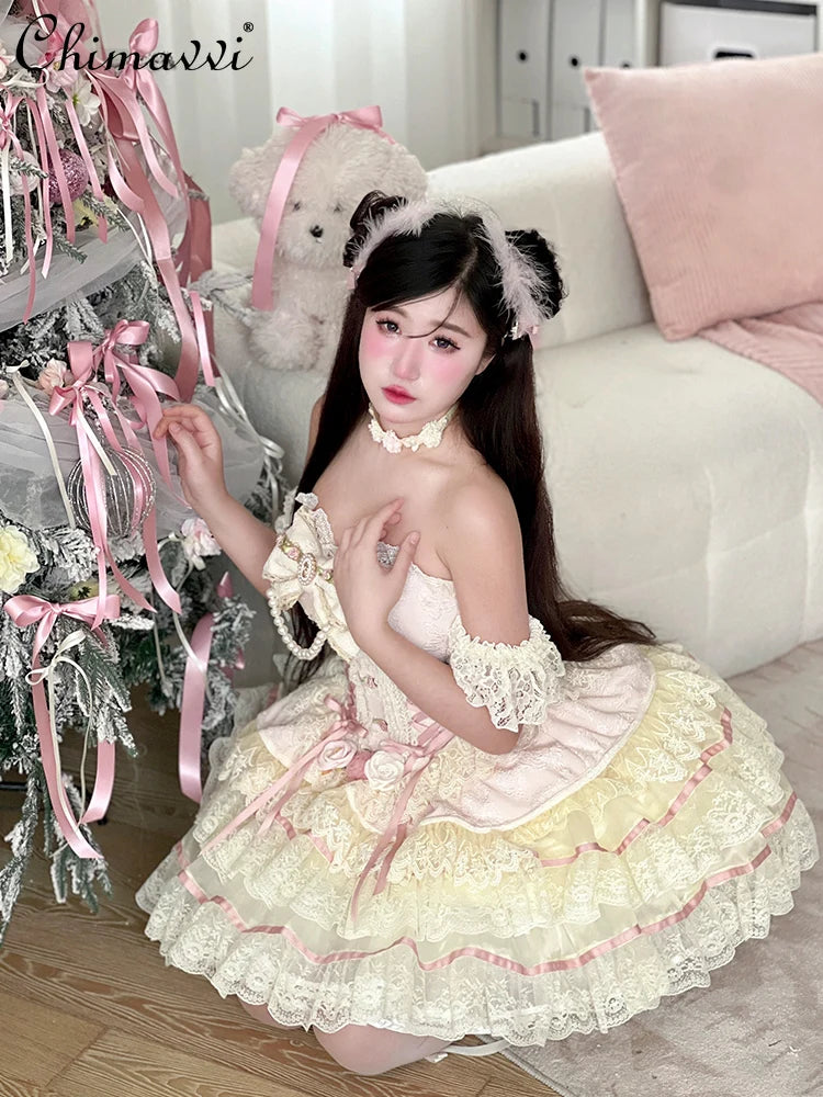 Original Romantic Atmosphere Cute Girls Skirt Sets 2025 Spring and Summer Sweet Lolita Tube Top Slim Top and Skirt 2-piece Set