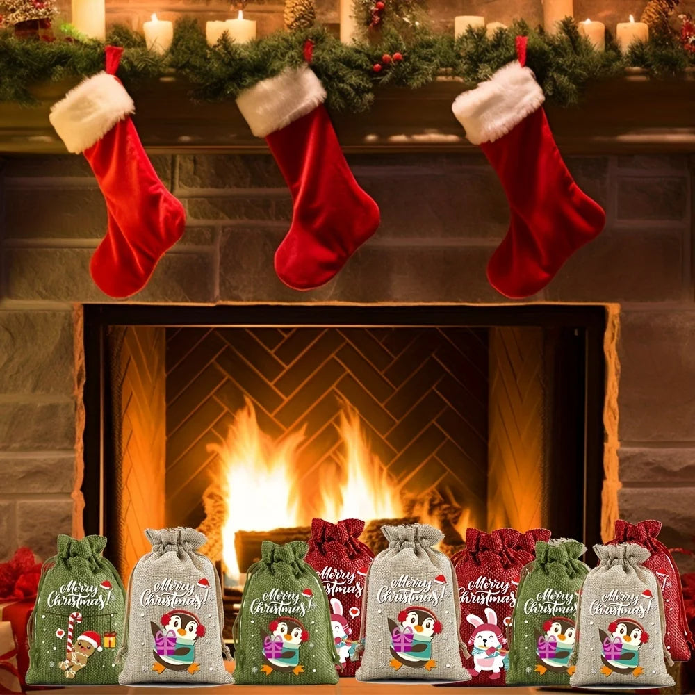 12 Pieces Christmas Gift Bags with Drawstring Christmas Linen Bags for Advent Calendar Fabric Bag Cookie Candy Pouch