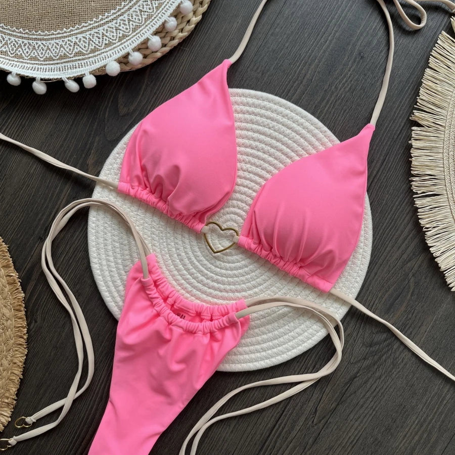 Para Praia 6 Colors Solid Brazilian Bikini Micro Swimwear T-back Swimsuit Women Sexy Biquini 2025 Thong Bikini Set Bathing Suit