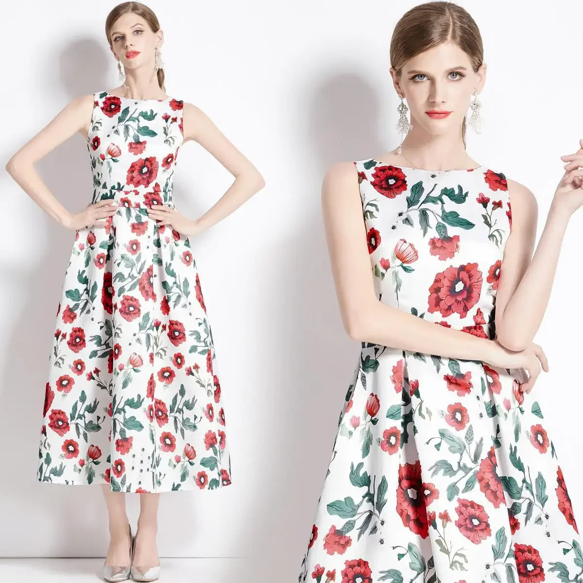 Summer New Long Floral Print Dress Big Hemline Slimming Fashionable Umbrella Skirt Style Sleeveless Women's Dress