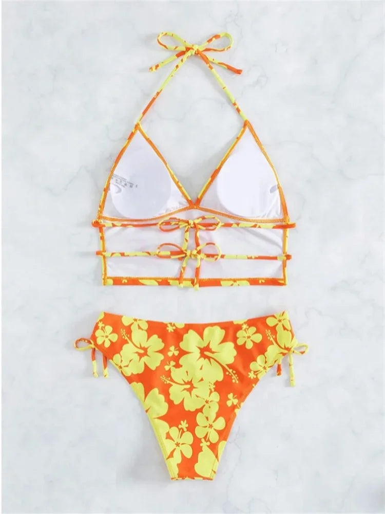 Sexy Yellow Floral Print Bikinis Set Women Halter Push Up Crop Top Swimsuit 2025 Beach Bathing Suit Lace Up High Waist Swimwear