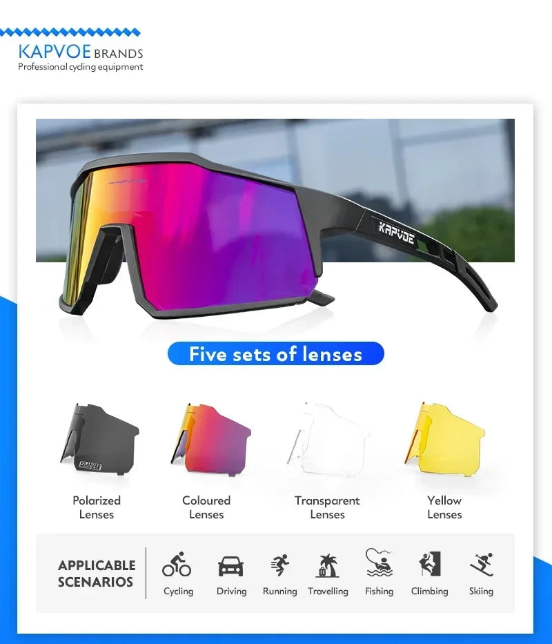 Kapvoe Outdoor Men Sunglasses UV400 Fishing Ski Goggles Road Bike Mask Goggles Women Anti-Fog Windproof Glasses Bicycle Eyewear