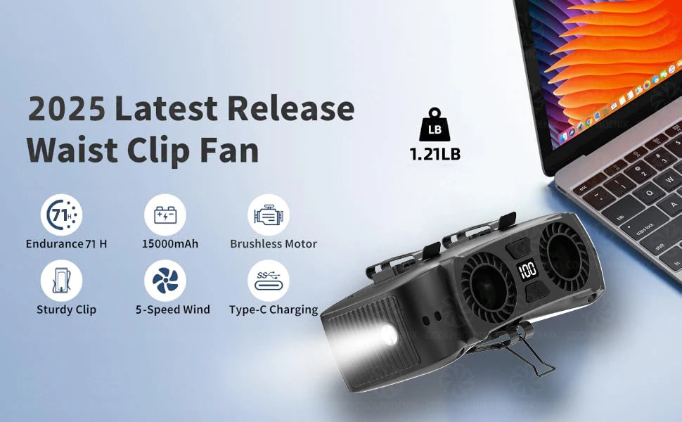 15000mAh Outdoor Portable Hanging Neck Fan Cooling Waist Fan Strong Wind with Power Bank LED Lighting For Outdoor Sports Travel