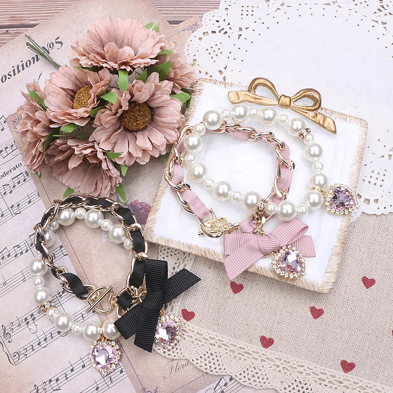Lolita Bracelet Accessories Sweet Girl Rhinestone Heart Bow Kawaii Girl Two-Piece Pearls Bracelets Japanese Bowknot Ornament