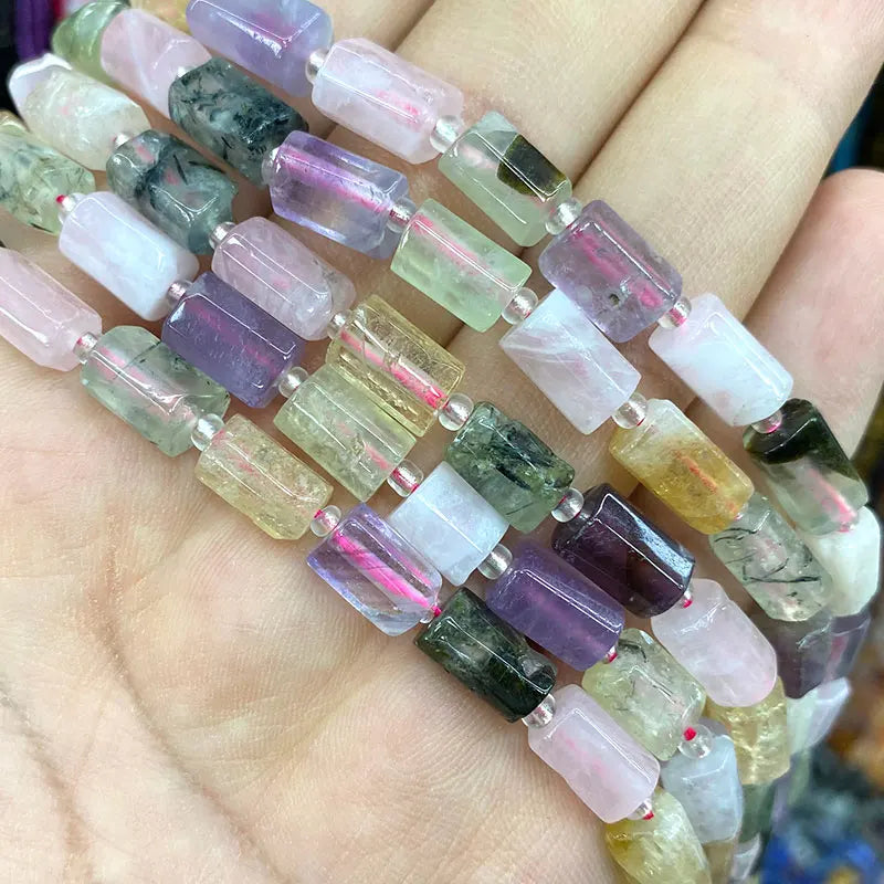 Natural Tourmaline Apatite Emerald Agates Amethysts Jades Cylinder Stone Spacer Beads for Jewelry Making DIY Bracelet 7.5inch