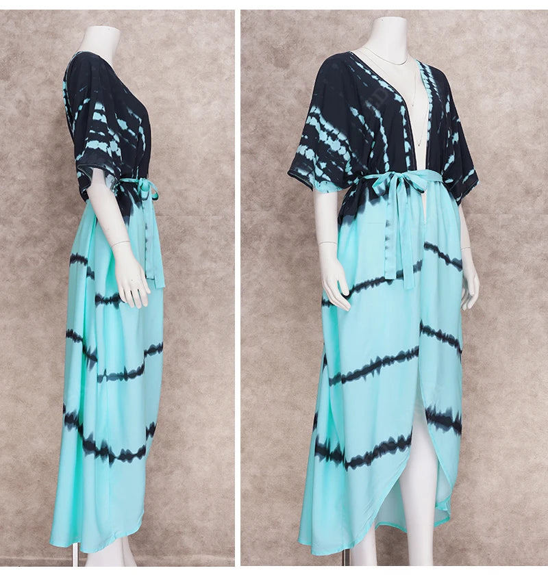 2023 Bikini Cover-ups Black Retro Striped Self Belted Women Summer Clothing Kimono Dress Beach Wear Swim Suit Cover Up Q1225