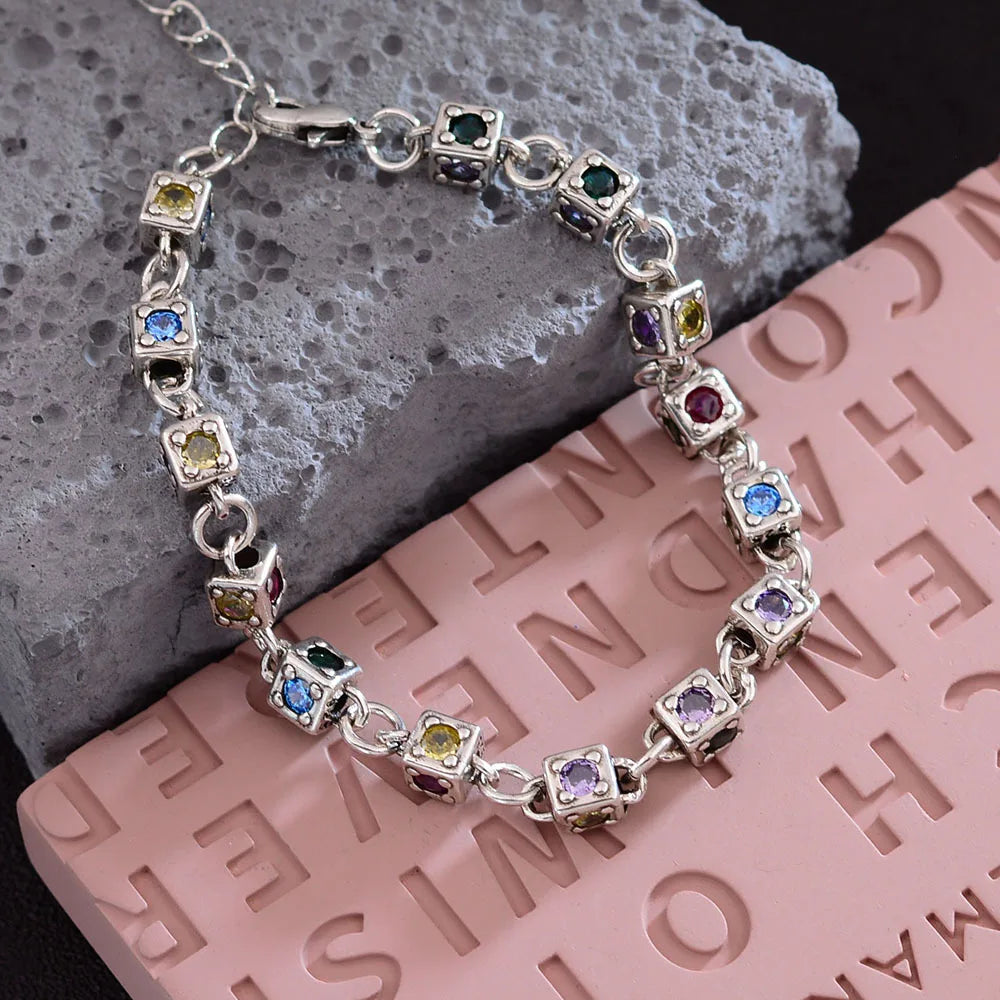 XIYANIKE Vintage Rainbow Zircon Dice Chain Bracelet For Women Girl Sweet Cool Fashion New Jewelry Lady Gift Party pulseras mujer
