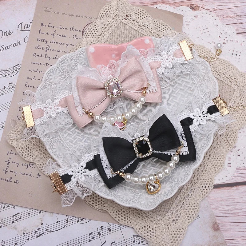 Ornate Mine Series  Handmade Ribbon Bow Bracelet Women Pearl Lace Chain Bow with Heart Pendant Lolita Accessories Bracelet