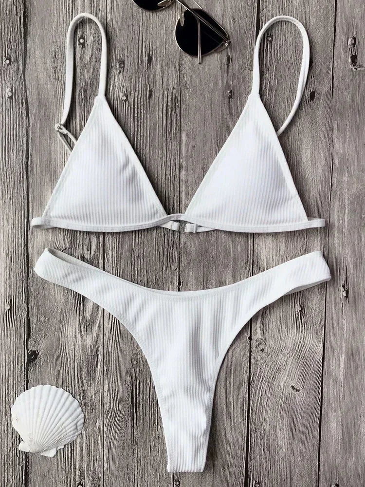 Bandeau Tanga Bikinis Ribbed Bikini 2025 Sexy High Cut Bikini Set Brazilian Swimsuit Thong Swimwear Women Girls Swimming Suit