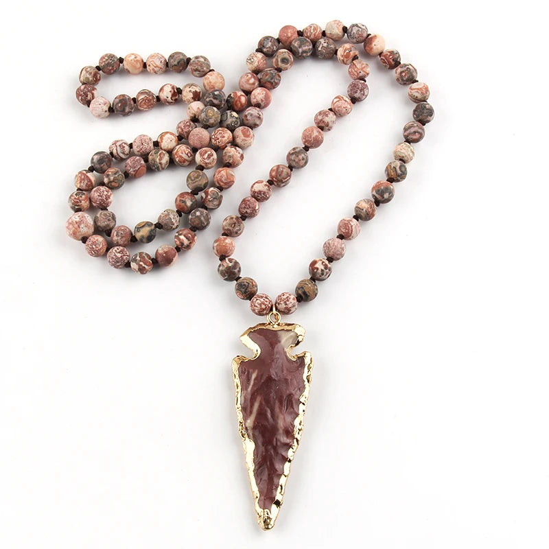 New Fashion Bohemian Tribal Jewelry Natural Stone Knotted Necklaces Arrowhead Pendant Women Ethnic Necklace