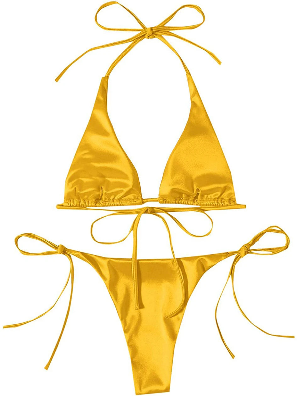 Metallic Halter Triangle Bikini 2023 Swimsuit Women Swimwear Female Bathing Suits Brazilian Thong Micro Bikinis Set Beach Wear