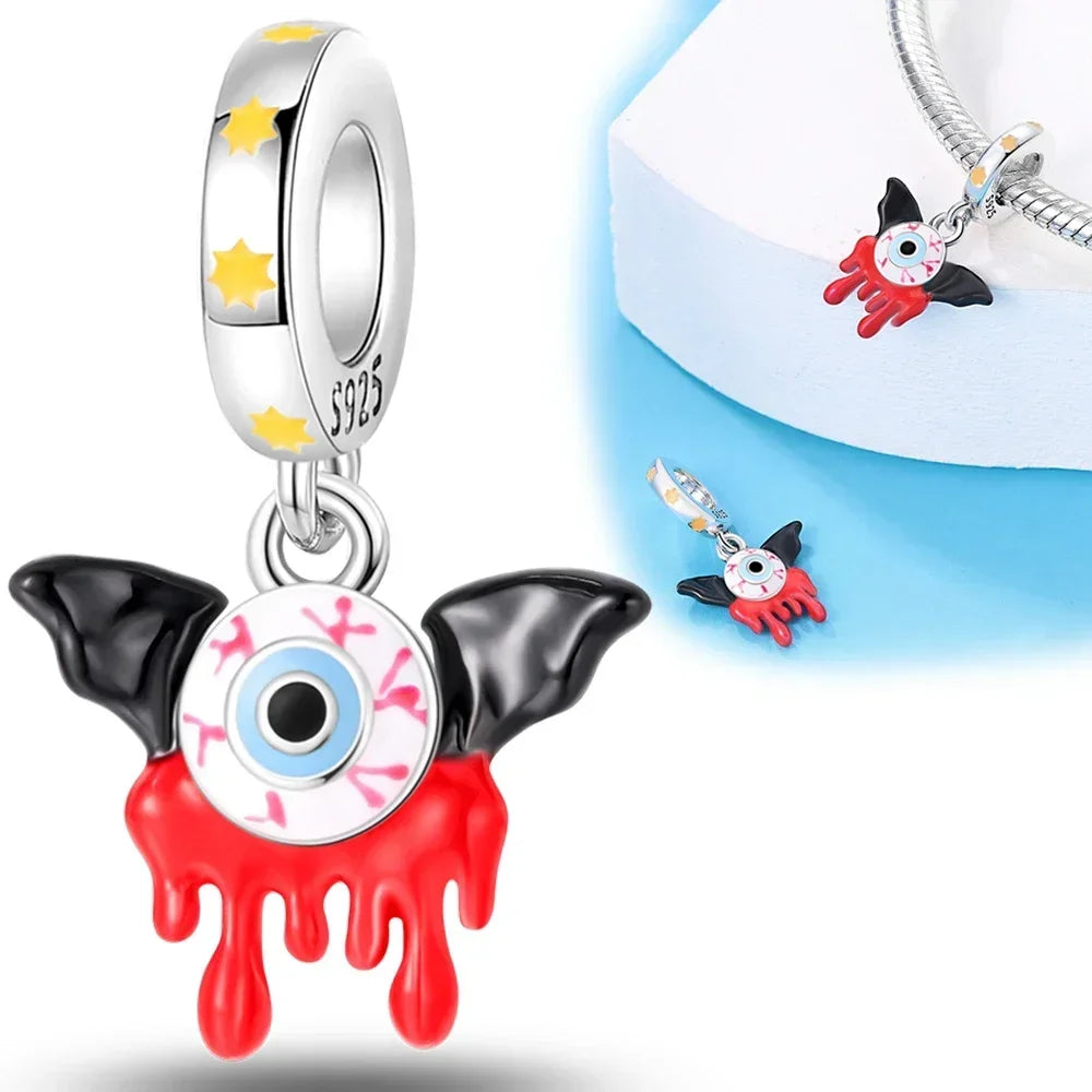 Sterling Silver 925 Halloween Series Luminous Pumpkin Blood Devil Charm for Women Original Bracelet Diy Jewelry Making Gift