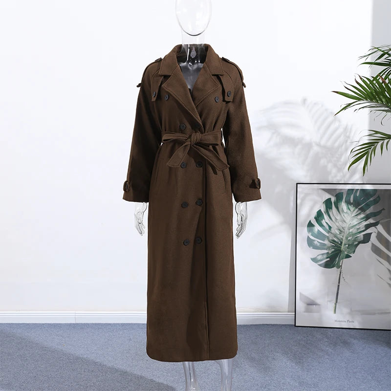 Elegant Woolen Long Coats Women Double-breasted Turn-down Collar Full Sleeves Jackets 2025 Autumn Winter Fashion Outwears Lady