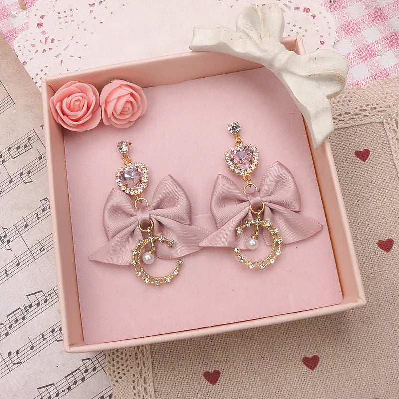 Lo Girl's Earrings Moon Rhinestone Pearl Heart Pendant Fashion Handmade Bow Jiraikei Kawaii Needle Ear Clip Earrings for Women