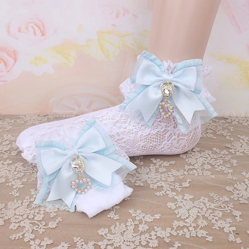 Big Bow Elastic Lace Socks Japanese Jiraikei Style Sweet Cute Lolita Socks Bow with Love Pendant for Girl Women