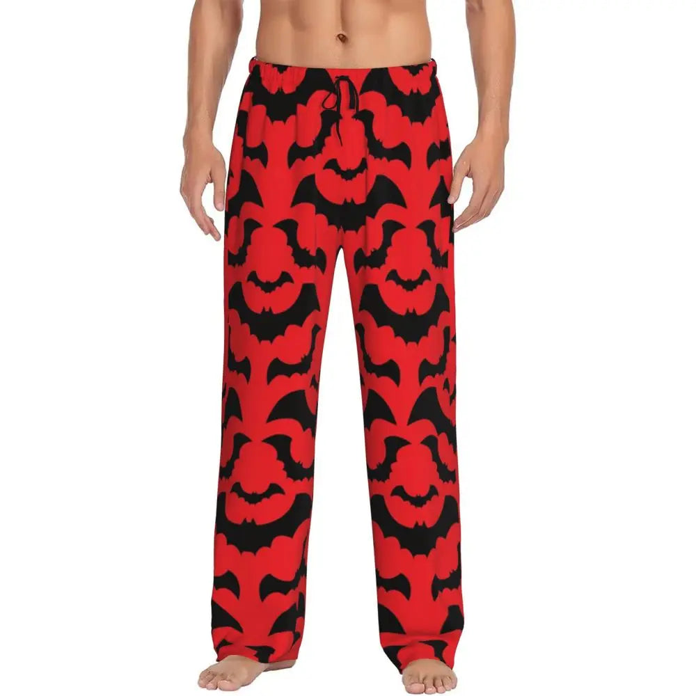 Custom Cute Spooky Halloween Bats Black And Purple Pajama Pants for Men Lounge Sleep Drawstring Sleepwear Bottoms with Pockets