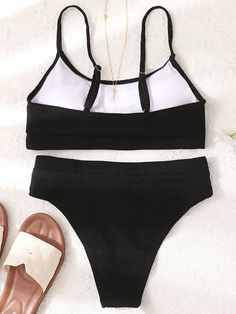 Sexy High Waist Bikinis Set Women Textured Swimsuit Woman 2025 Solid biquinis