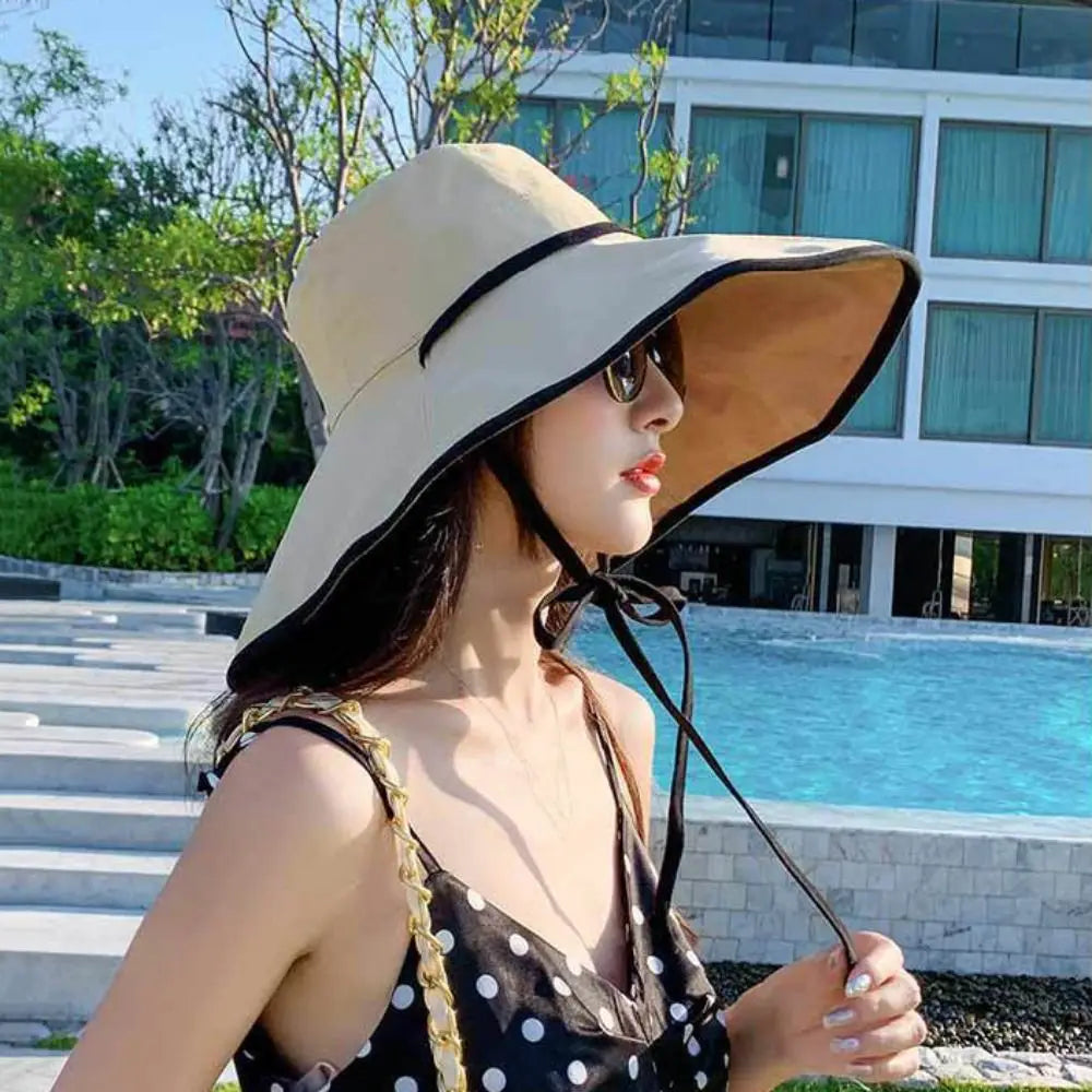 Solid Color Wide Brim Sun Hat Korean Style Anti-UV Sun Protection Hat Fisherman Hat with Neck Rope Women Bucket Hat Ladies