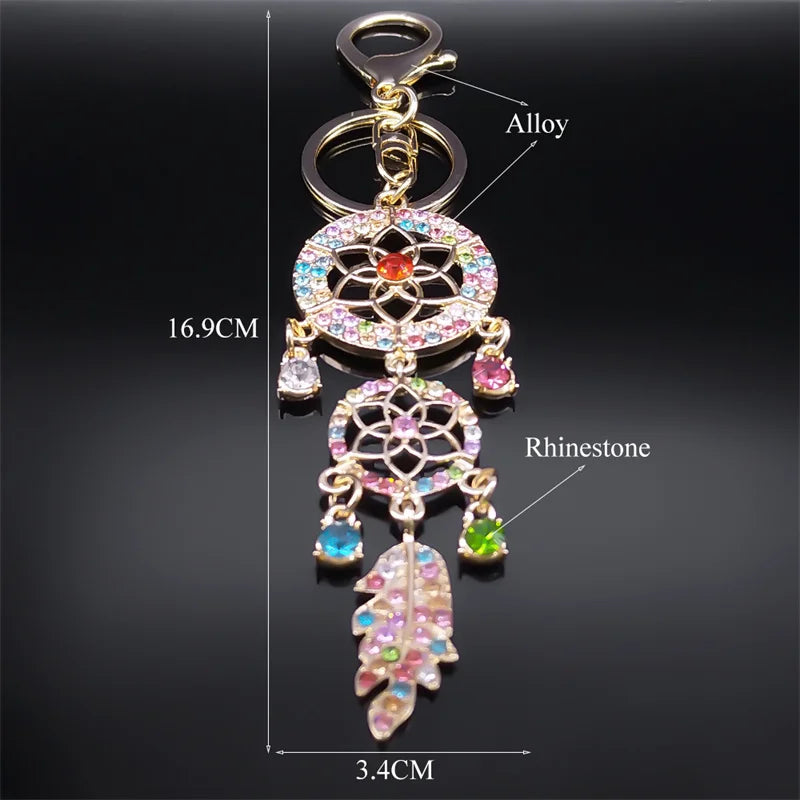Aesthetic Dream Catcher Key Chain for Women Men Rhinestone Metal Gold Color Y2K Girl Dreamcatcher Keyring Jewelry K9017S02