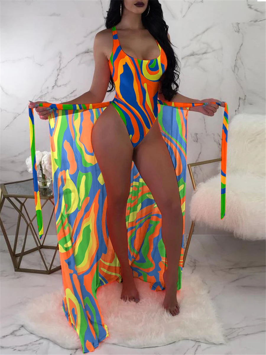 2 Piece Floral Print Bodysuit With Beach Skirt 2023 Women Padded Bikinis Swimwear Female Bathing Swimming Suit Summer Beachwear