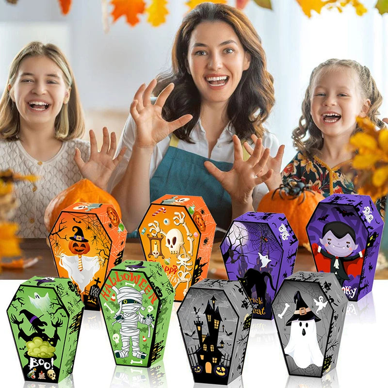 12pcs Halloween Coffin Shape Snack Box Skull Bat Ghost Goodie Boxes for Happy Halloween Party Decor Supply Trick or Treat Box