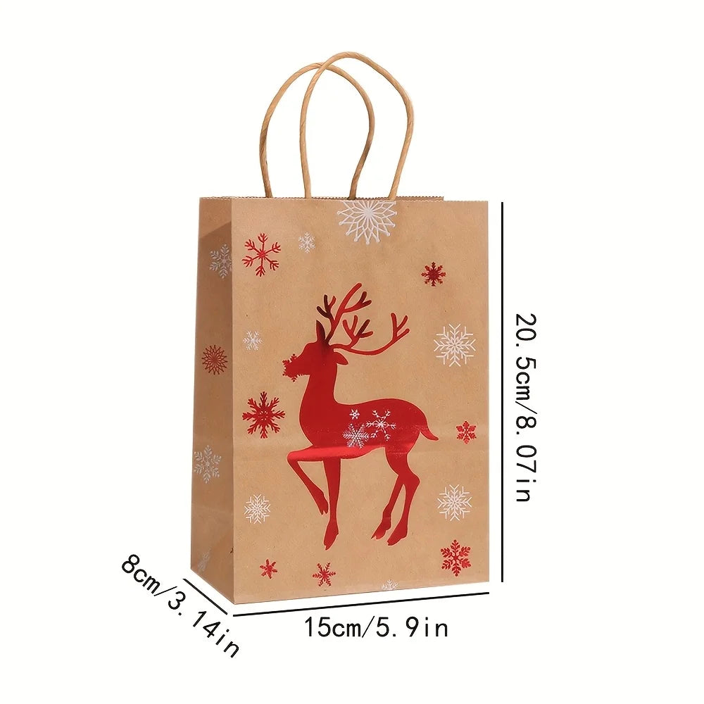Festive Christmas Gift Bags - 20.5cm x 14.99cm x 7.98cm Brown Kraft Paper Tote Bags with Holiday Designs Christmas paper bag