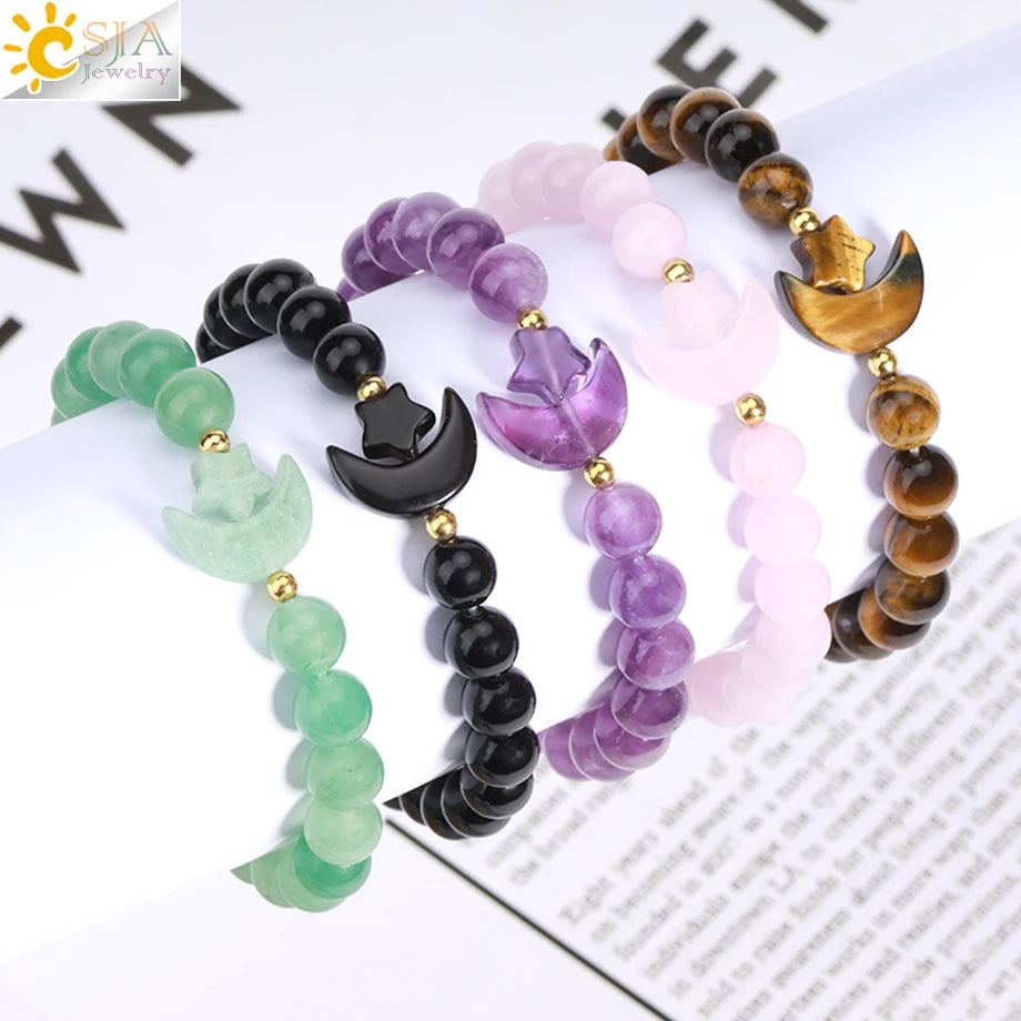 Natrual Stone Bracelet for Women Energy Star Moon Crystal Charm Tiger Eye Pink Quartz Bangle Bead Bracelets Relationship T019