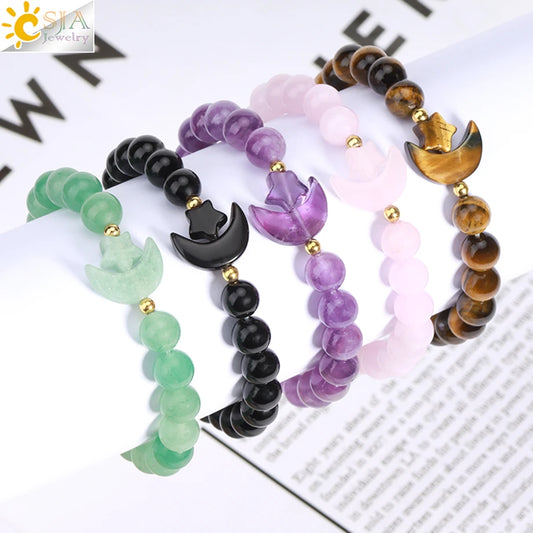 Natrual Stone Bracelet for Women Energy Star Moon Crystal Charm Tiger Eye Pink Quartz Bangle Bead Bracelets Relationship T019