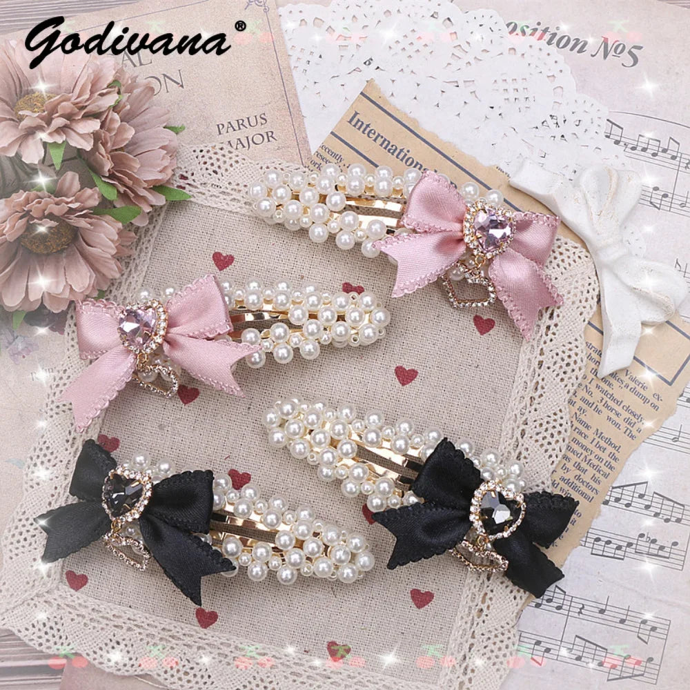 Cute Sweet Japanese Lolita Barrettes Hairpin Mine Pearl Bow Rhinestone Love Heart A Pair Of Hairclips Side Clip Hair Accessories