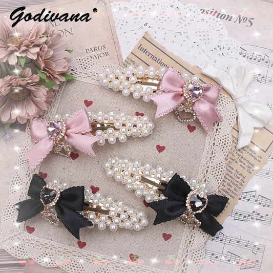 Cute Sweet Japanese Lolita Barrettes Hairpin Mine Pearl Bow Rhinestone Love Heart A Pair Of Hairclips Side Clip Hair Accessories