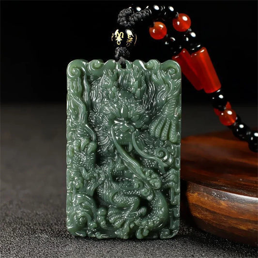 Natural Dark Green HeTian Jade Carved Chinese Unique Dragon Lucky Jade Pendant Male Neck Amulet Necklace Vintage Jewelry