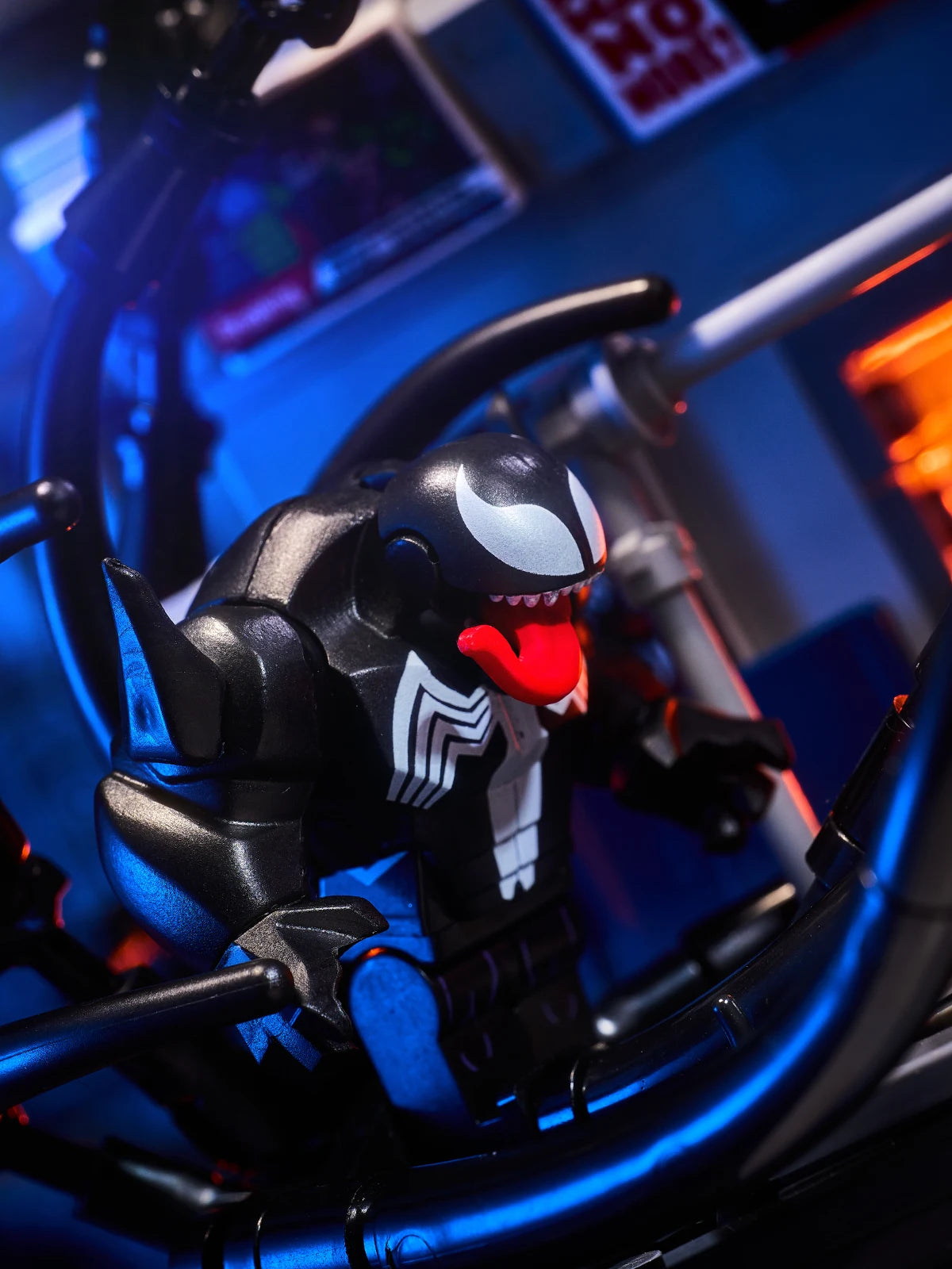 MOC scene: Marvel Venom vs. Spider-Man in the subway. Spider-Man's assembled toy bricks. Christmas gift for a boy and a girl.