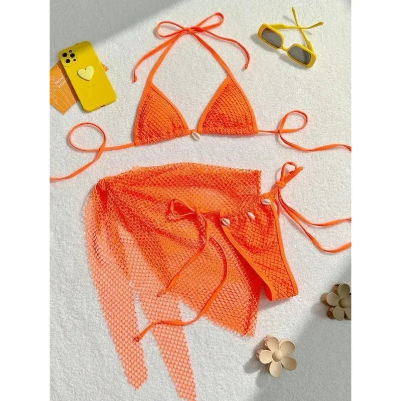 Sexy Bikinis Swimsuits Women 3 Piece Spliced Triangle Halter Backless Bikini Set Bandage Cover Up 2025 New Vacation Beachwear