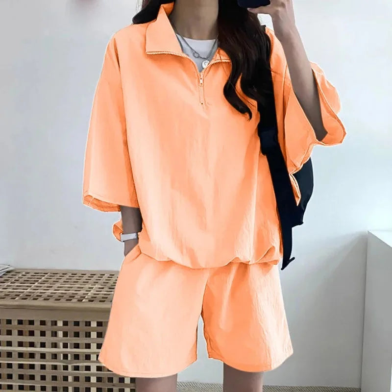Korean Style Women's Summer Casual Sports Sun Protection Suit Two-Piece Set Workwear Jacket Shorts Polyester Fiber