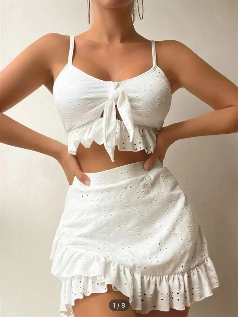 Sexy White 3 Piece Bikinis Set 2025 Women Halter Cut Out Tie Up Ruffles Push Up Skirt Swimsuit Bathing Suit High Waist Swimwear