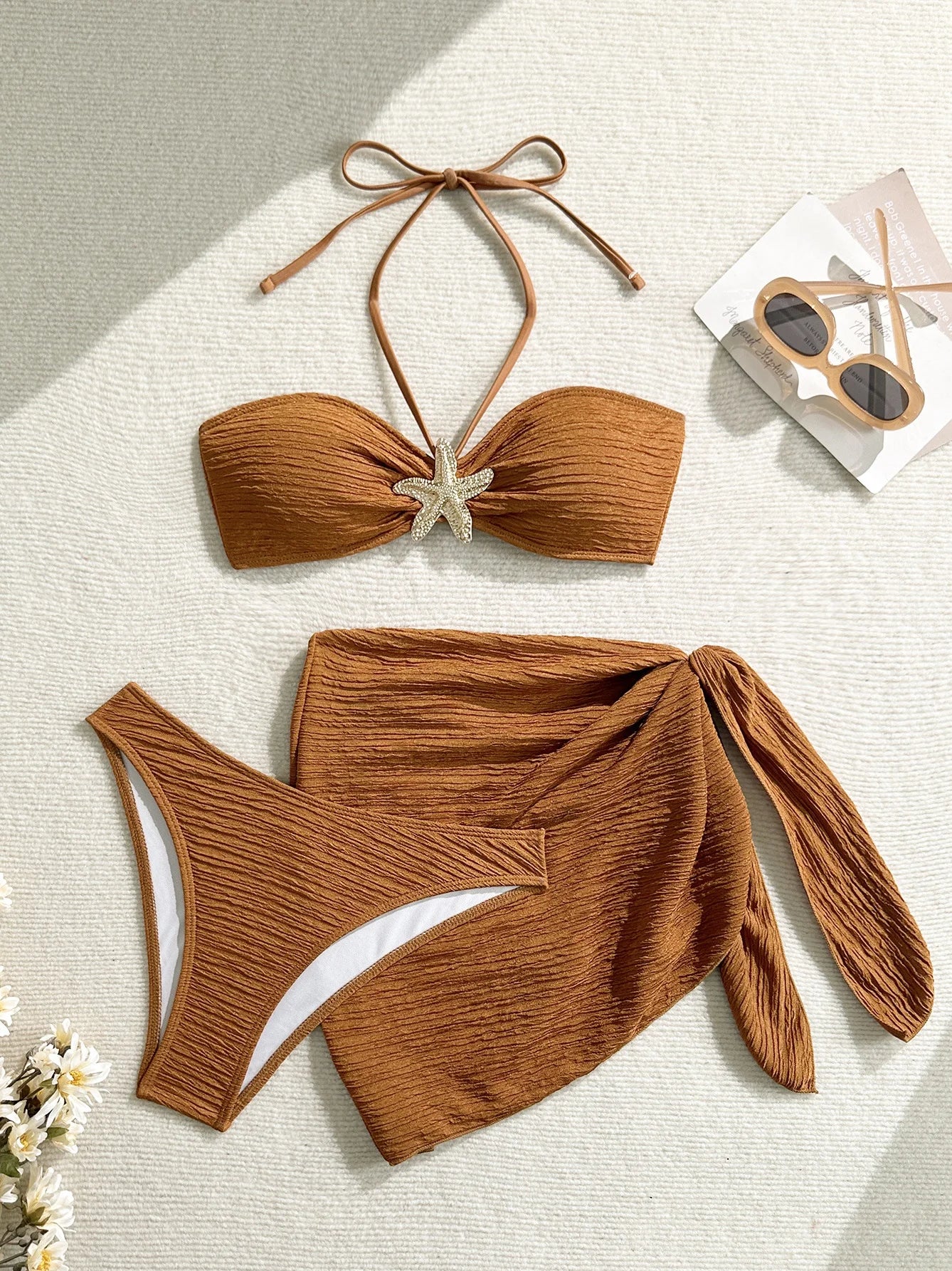 Sexy Metal Starfish Bikinis Set Women Brown Bandeau Push Up Mesh Skirt 3 Piece Swimsuit 2025 Beach Bathing Suit Holiday Swimwear
