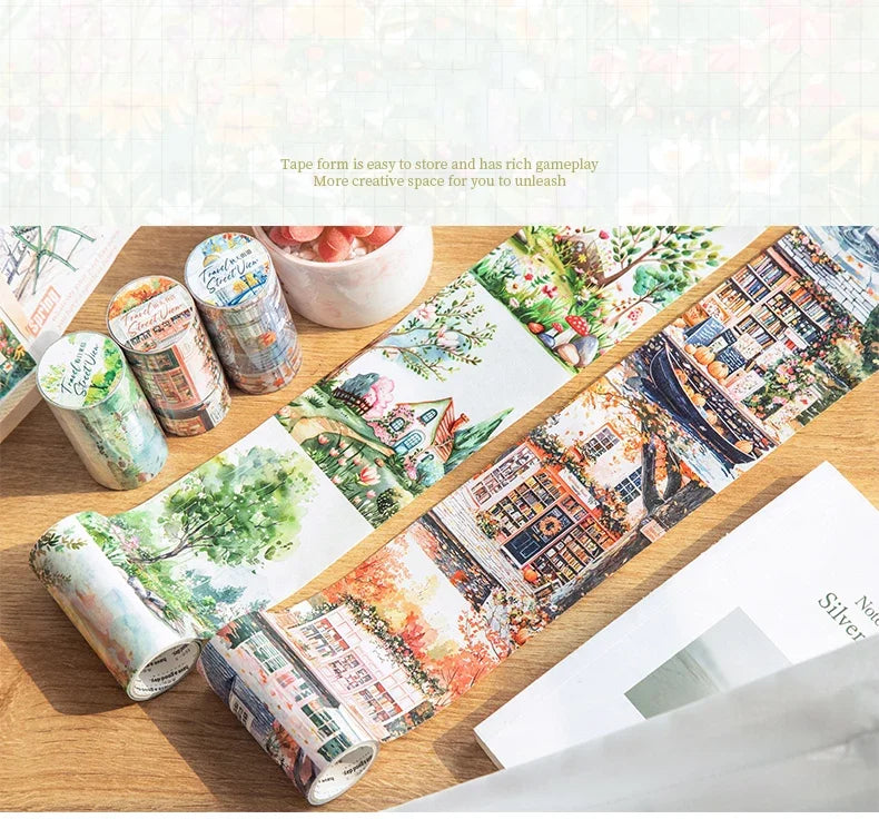 JIANWU 80mm*200cm Road View Series Vintage Travel Flower Landscape Material Collage Washi Tape Creative DIY Journal Stationery
