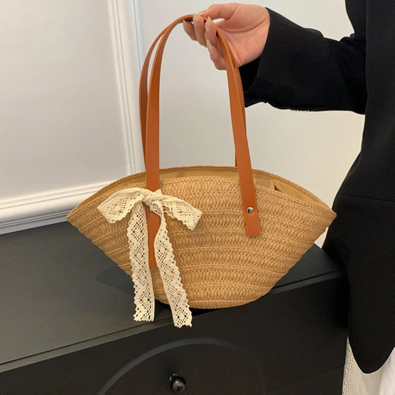 Women Braided Basket Clutches Bag Large Straw Portable Shoulder Bag Summer Beach Purses Shopper Satchel