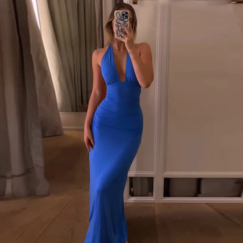 Tornova Halter Backless Long Dress For Women Solid Deep V neck Sexy Vacation Dress Lace Up High Waist Fashion Female Slim Dress