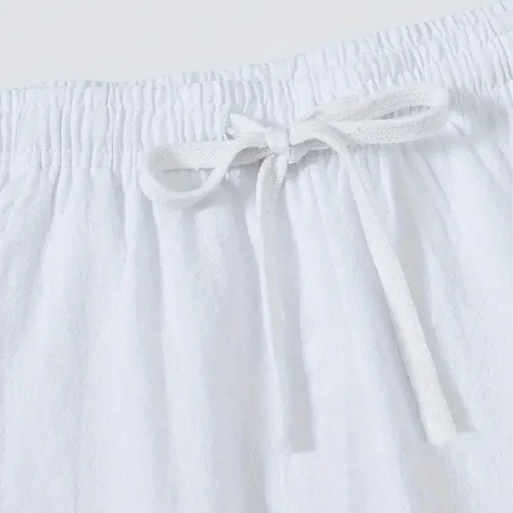 Men's Pants Solid Color Elastic Pockets Drawstring Long Pant Breathable Cotton Linen Trousers Casual Men's Clothing Streetwear