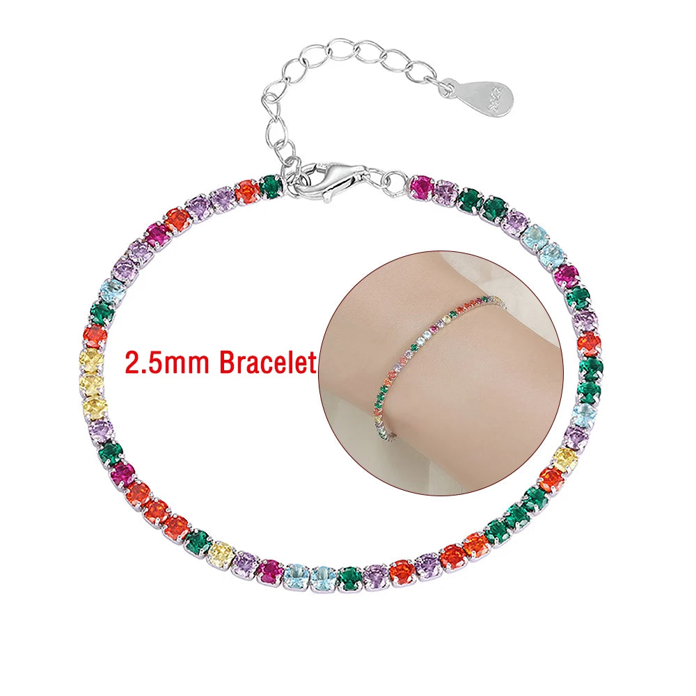 2.5/3mm Round Rainbow Tennis Necklace Bracelet for Women S925 Silver Colorful High Carbon Diamond Clavicle Choker Fine Jewelry