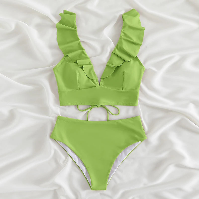 Riseado High Waist Bikinis Set Ruffle Shoulder Sexy Plunging Swimwear Women Bathing Suit Summer Beachwear