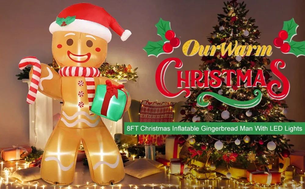 8FT/2.4M Christmas Inflatables Gingerbread Man with Gift Pack Outdoor Decorations Xmas Yard Decorations with LED Lights for Lawn