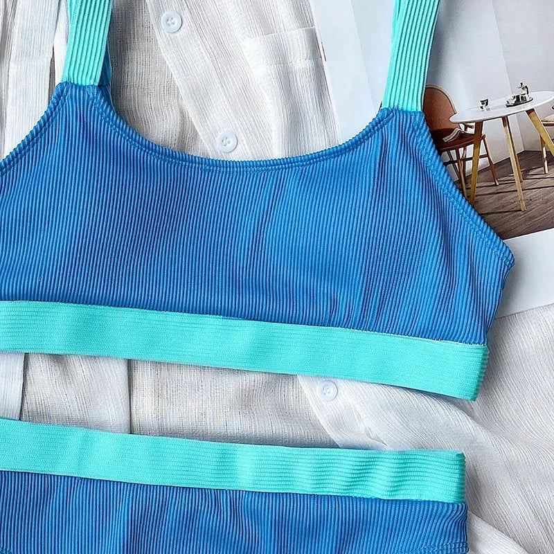 Sexy Splicing Ribbed Bikinis High Waist Bikini 2025 Female Swimsuit Women Swimwear Two-pieces Bikini Set Bathing Suit Swim Lady